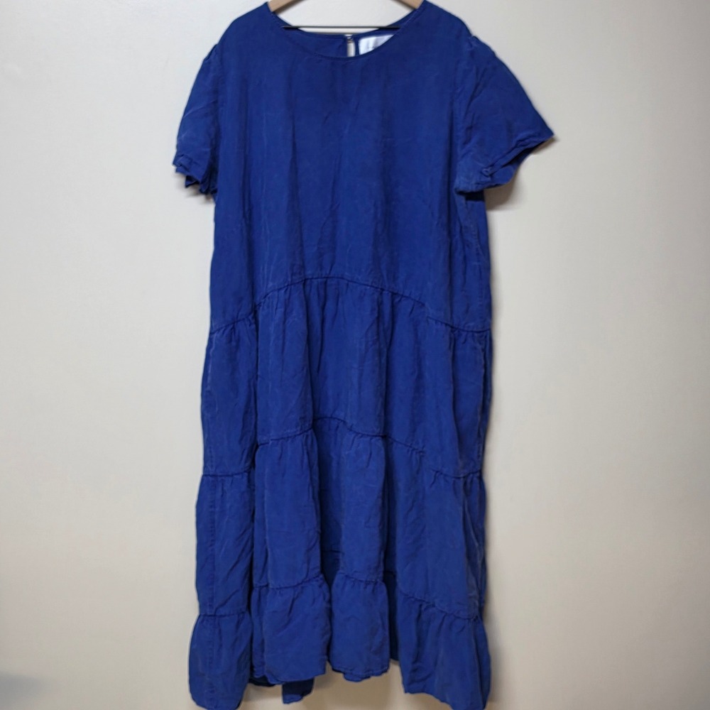 Tradlands Chalet Dress 4X Cobalt Blue Tencel Linen Tiered Midi Pockets Artsy